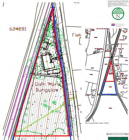 This image displays a site location plan and a detailed site plan for a property labeled 'Glen Mona Bungalow', showing boundaries, existing structures, trees, and surrounding roads.