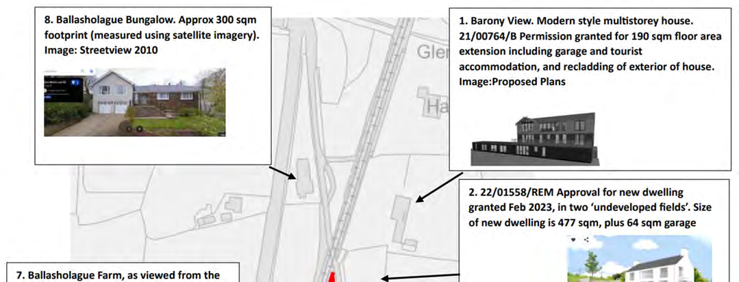 A site analysis map showing field boundaries and roads, annotated with inset photos and text describing nearby properties and previous planning permissions.