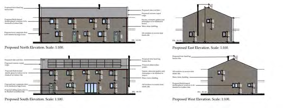 The image displays four architectural elevations (North, East, South, West) of a proposed replacement dwelling, detailing materials like slate roofs and timber windows.