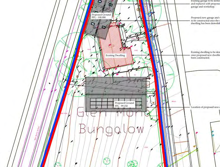 A site plan showing the existing bungalow footprint, proposed new dwelling and garage structures, with contour lines and boundary markers.
