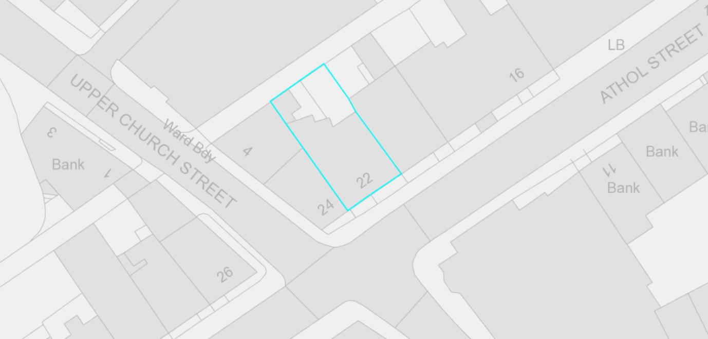 A site location plan showing the property boundary highlighted in cyan, situated at the junction of Upper Church Street and Athol Street.