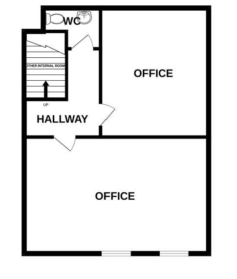 Architectural floor plan showing an office layout with a hallway, WC, and staircase, indicating window locations along the bottom wall.