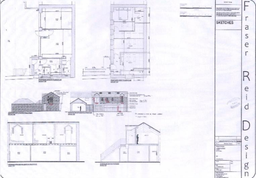 Architectural sketch sheet displaying floor plans, elevations, and cross-sections of a building structure, likely a barn conversion.