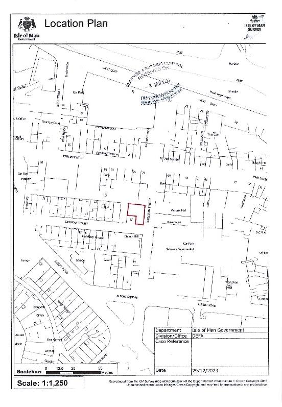 A black and white location plan from the Isle of Man Government showing a street layout with a specific plot highlighted in red.