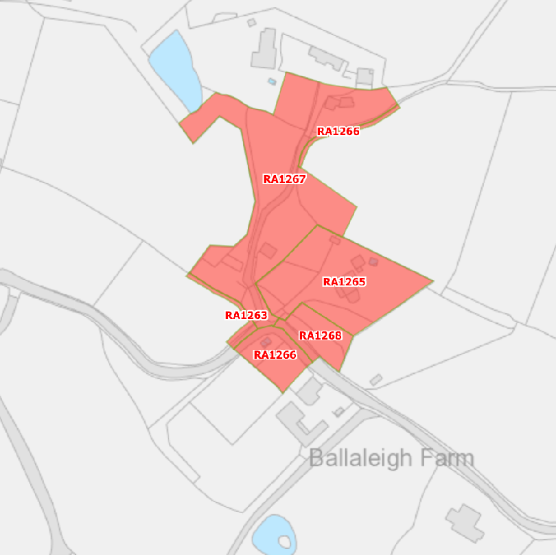 A site location map showing a red-shaded area with reference codes (RA1265-RA1268) situated near Ballaleigh Farm.