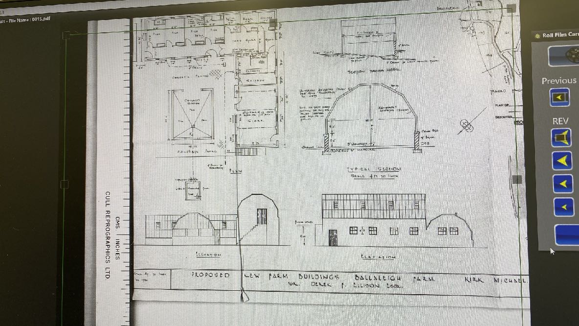 Architectural drawings displaying floor plans, sections, and elevations for proposed farm buildings at Ballaleigh Farm.