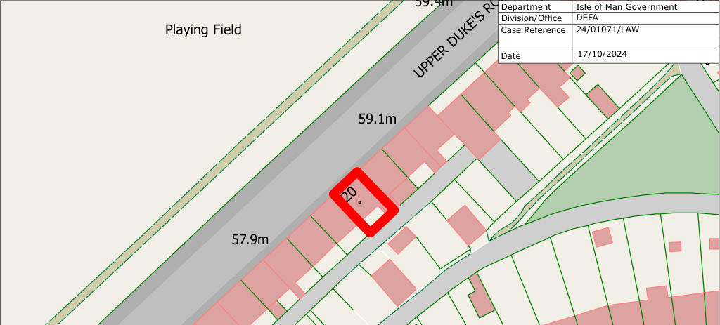 A site plan highlighting property number 20 on Upper Duke's Road with a red boundary, showing proximity to a playing field and neighboring plots.