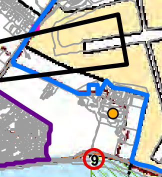 A site plan extract displaying property boundaries outlined in blue and black lines, with surrounding land use areas and a red numbered marker.