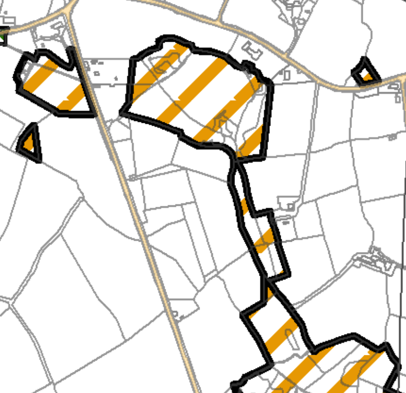 A site plan map showing the proposed development area outlined in black with orange diagonal hatching, set against a background of field boundaries and roads.