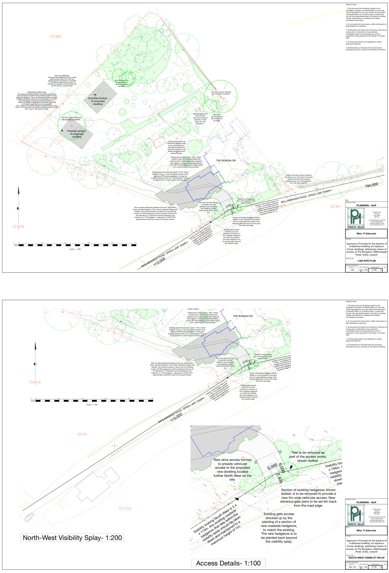 A technical planning document featuring a 1:500 site plan for a new dwelling and bungalow, alongside detailed access and visibility splay drawings.