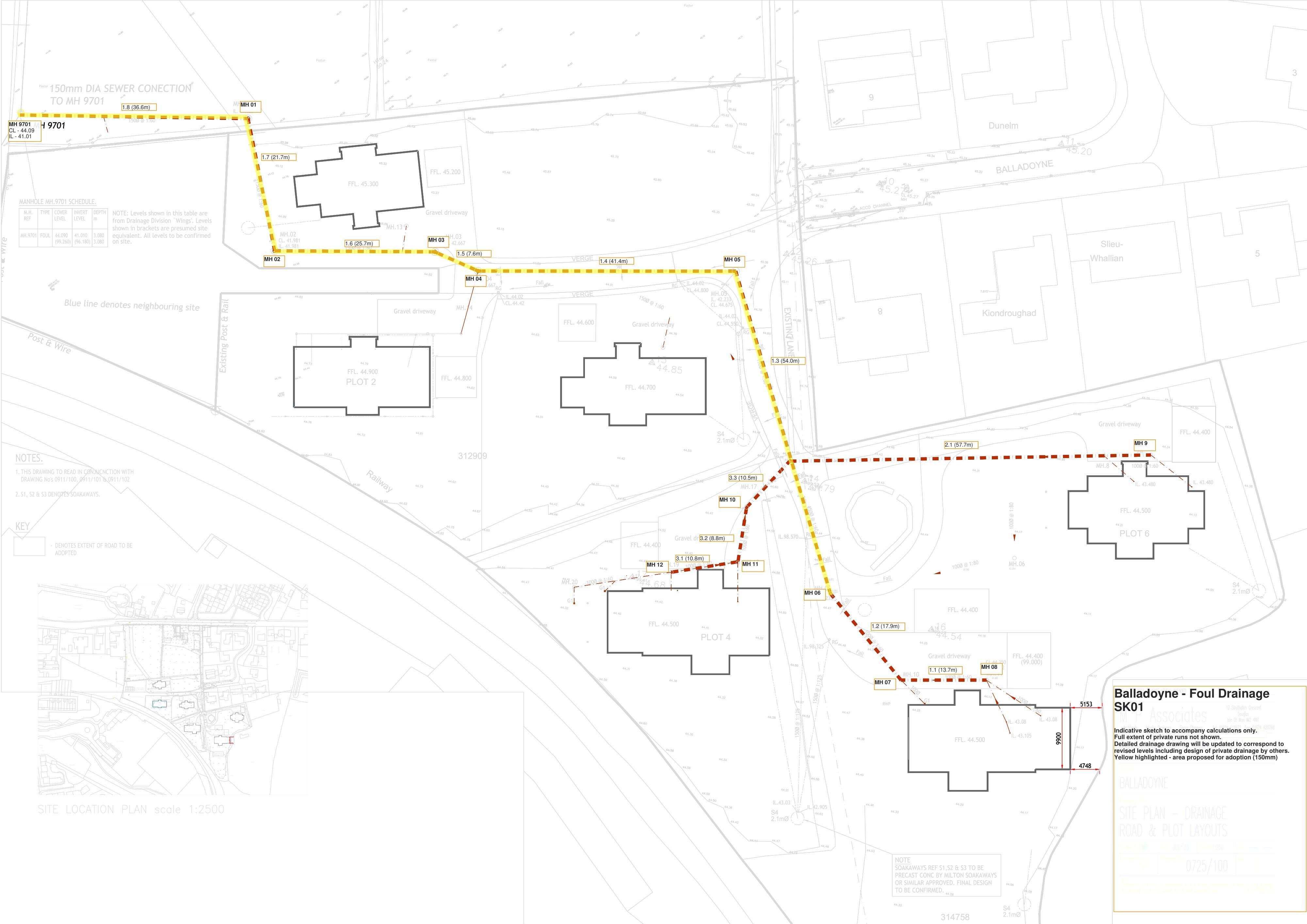 This image displays a technical engineering drawing showing foul drainage routes and connections for multiple plots.
