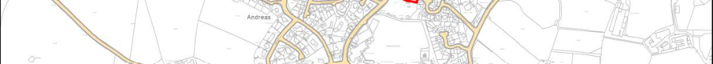 A location map showing the proposed development site highlighted in red near Andreas, displaying surrounding roads and field boundaries.