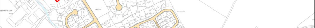This image shows a cropped section of a site location map featuring property boundaries, roads, and watercourses. A red arrow highlights the specific plot of land designated for the proposed residential development.