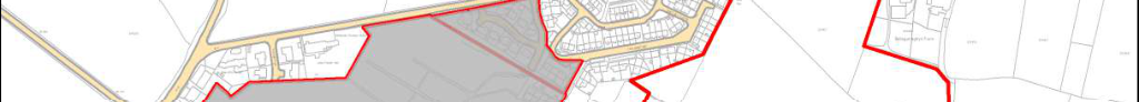 A panoramic site plan showing a large proposed development area outlined in red, situated next to existing residential streets and open fields.