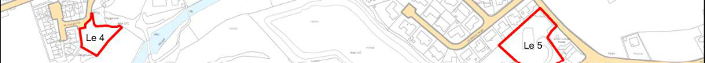 A planning site plan highlighting specific land parcels labeled Le 4 and Le 5 in red, showing proximity to a river and existing residential streets.
