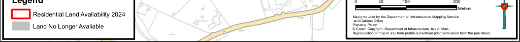 A cropped section of a planning map showing a legend for residential land availability, property boundaries, a road, and a scale bar.