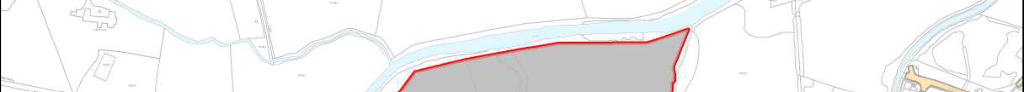 A site location plan showing a large grey area outlined in red, situated adjacent to a blue watercourse.