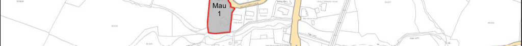 A site plan displaying a specific plot of land labeled 'Mau 1' outlined in red, surrounded by roads and property boundaries.