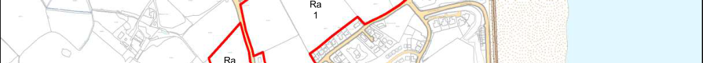 A cropped site plan showing land parcels outlined in red, existing residential properties, and the coastline on the right.