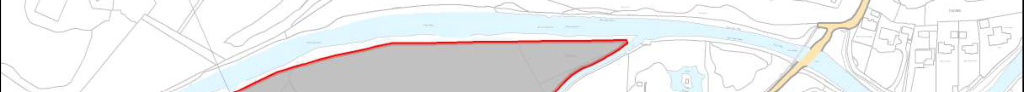 A site location plan showing a large plot of land outlined in red adjacent to a watercourse.