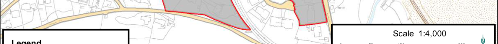 A site plan map displaying land parcels outlined in red, adjacent buildings, and road networks with a scale of 1:4,000.