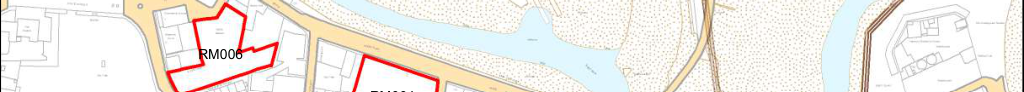 A site plan showing red outlined areas labeled RM006 and RM004, indicating proposed development boundaries near a watercourse and existing buildings.