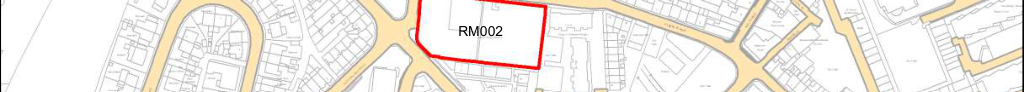 A site plan showing a specific plot labeled RM002 outlined in red, surrounded by a network of roads and property boundaries.