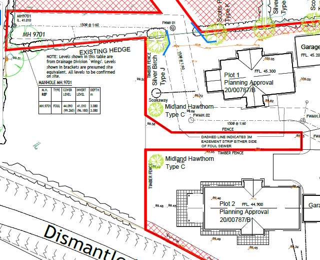 A technical site plan detailing drainage infrastructure, property boundaries, and landscaping for approved plots 1 and 2.