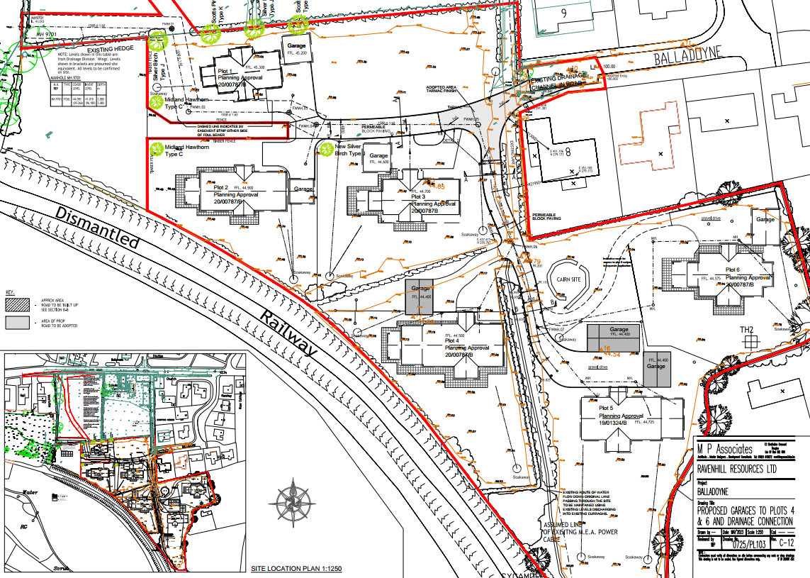 A technical site plan illustrating proposed garages and drainage connections for multiple plots adjacent to a railway line. The drawing details boundaries, existing buildings, and proposed works marked with red lines.