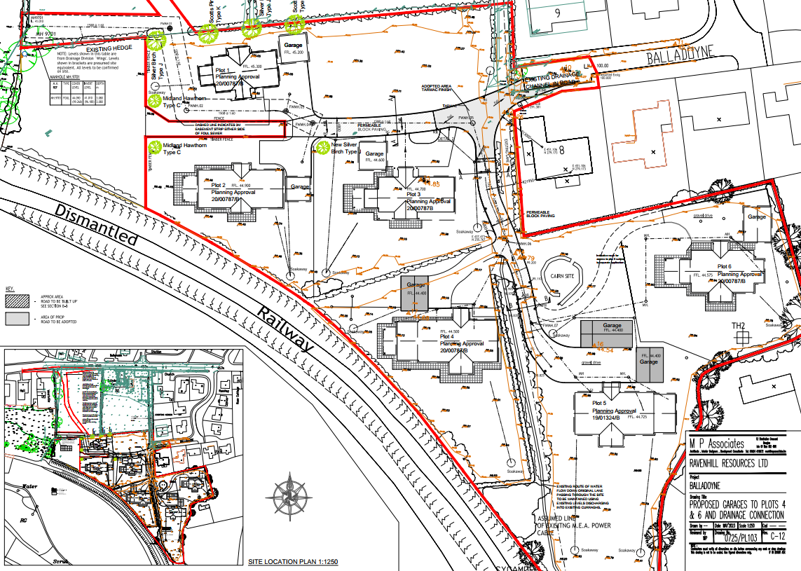 A detailed site location plan showing plots 1 through 6 with proposed garages, existing buildings, and a railway line in Balladoyne.