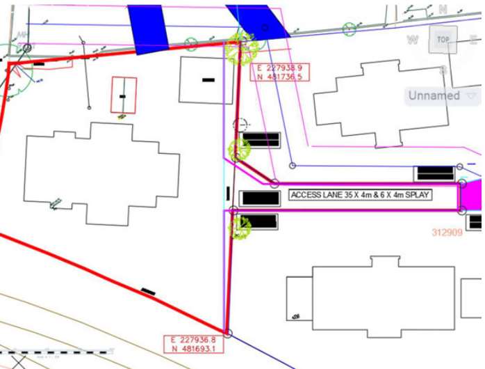 A technical site plan showing building footprints, red boundary lines, and a labeled access lane with dimensions.