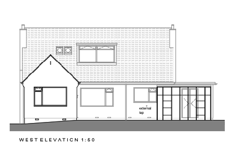 This image displays a technical architectural elevation drawing labeled 'West Elevation 1:50', showing a two-story house with a pitched roof, windows, and a single-story extension on the right side.