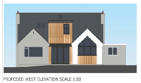 The image displays a proposed west elevation architectural drawing of a residential property, featuring a two-storey extension with mixed cladding and a single-storey side structure.