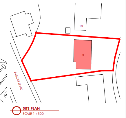 This image displays a site plan with a red outline indicating the property boundary and a red filled area representing the building footprint on Abbotts Road.