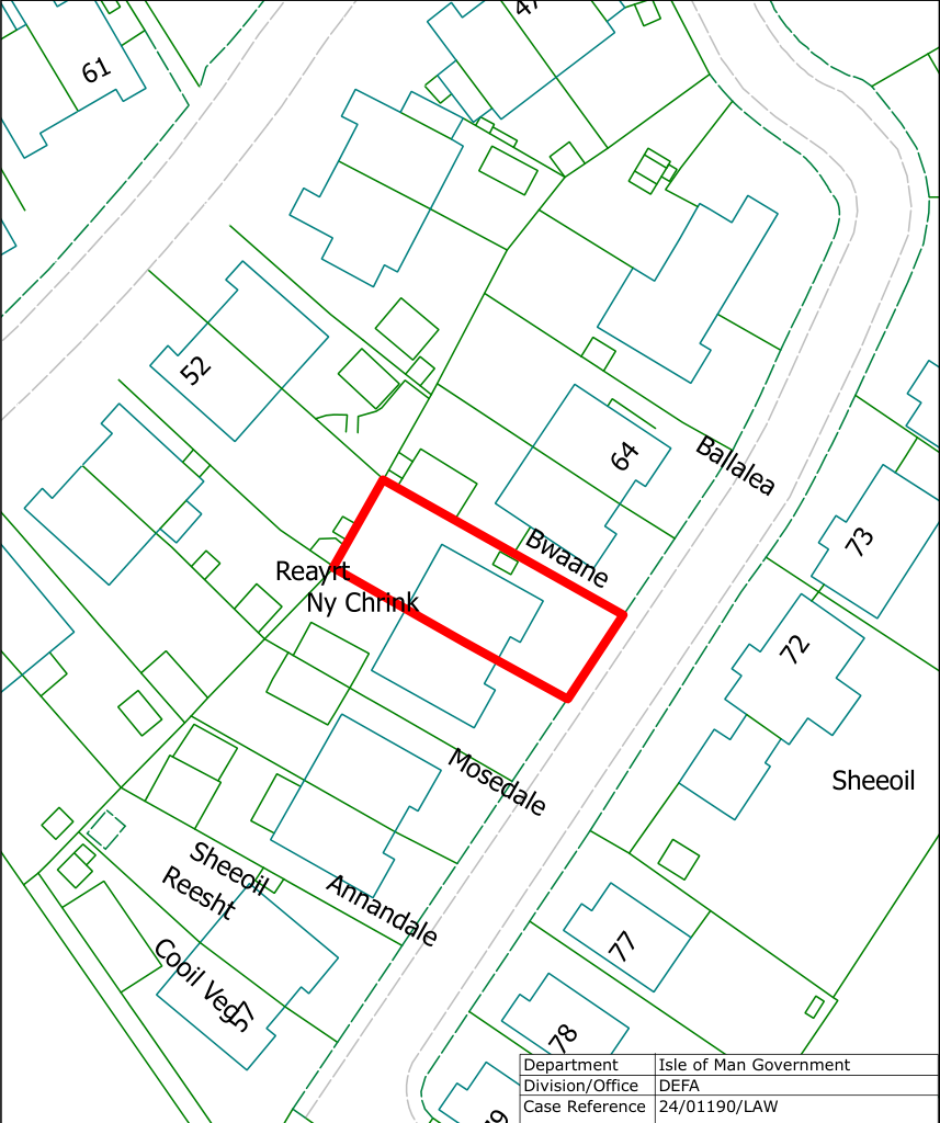 A site location map showing the property 'Reayrt Ny Chrink' outlined in red, surrounded by neighboring houses and streets like Ballalea and Mosedale.