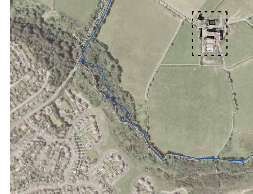 An aerial site location map showing the proposed development site highlighted by a dashed box, situated near a residential area and fields.