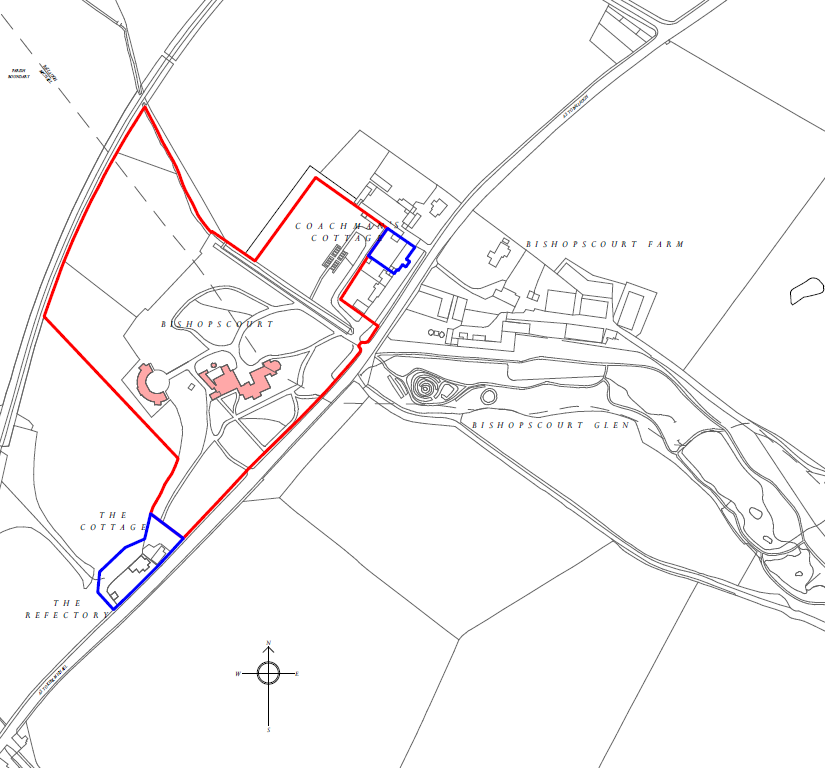 A site plan showing the layout of the Bishopscourt estate with red boundary lines and blue highlighted buildings such as the Coach House and The Cottage.