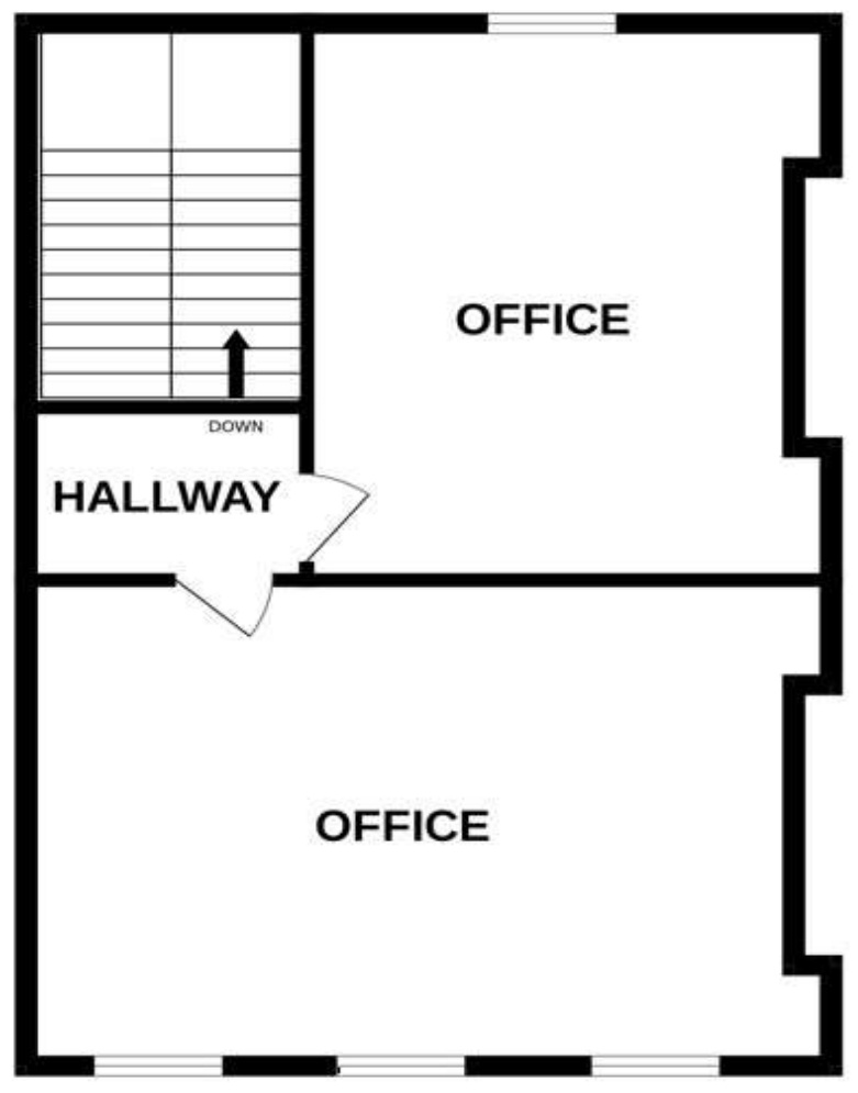 Architectural floor plan showing a layout with two office rooms, a hallway, and a staircase.