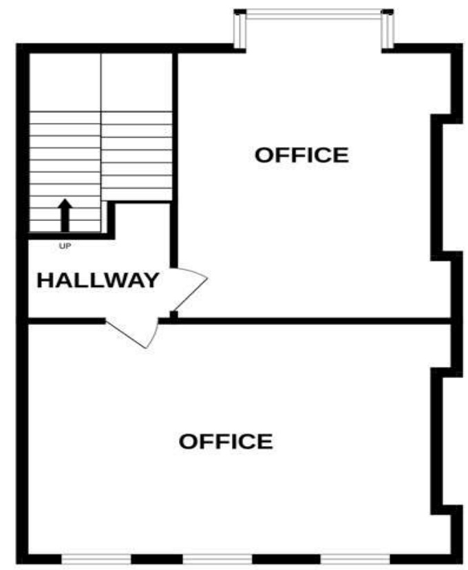 Architectural floor plan showing a hallway and two rooms labeled as offices with a staircase.