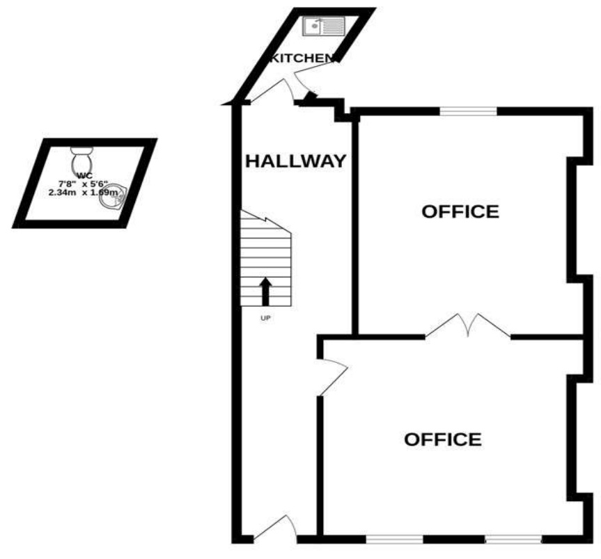 This image shows a black and white architectural floor plan detailing the internal layout of a building, including rooms labeled Kitchen, Hallway, Office, and WC, along with a staircase.