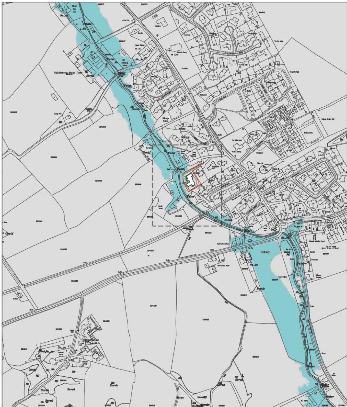 A site location plan showing the proposed development plot outlined in red within the rural parish of Ballaugh, displaying surrounding roads and water features.
