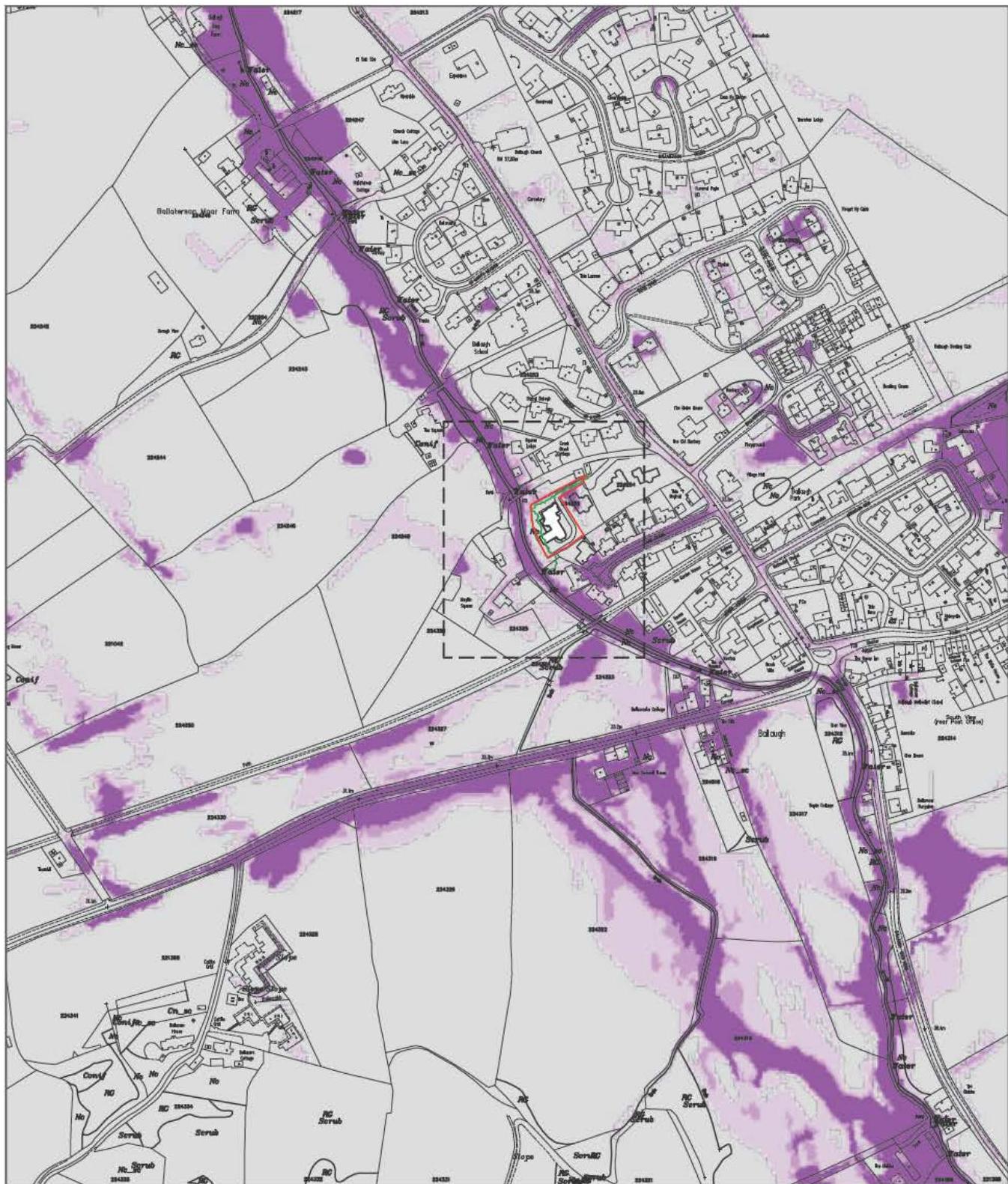 A site location map showing the proposed development plot highlighted in red and green within the rural parish of Ballaugh, surrounded by roads, buildings, and water features indicated by purple shading.