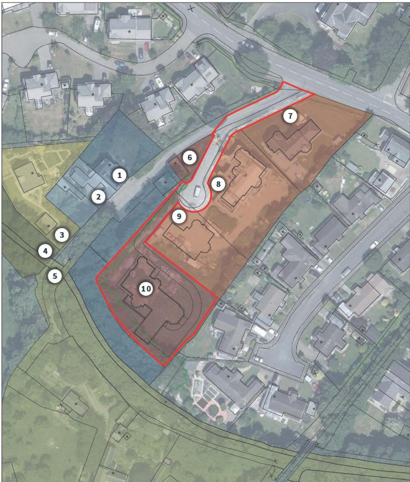 An aerial site plan overlaid with colored zones and numbered annotations indicating proposed plots and access routes.