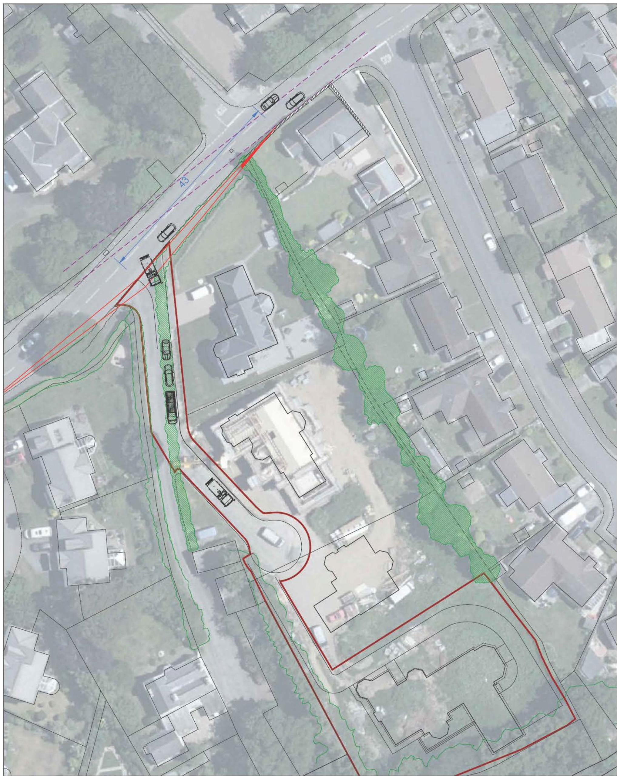 An aerial site plan showing the proposed red boundary line for a new dwelling, including a re-aligned access road and parking area.