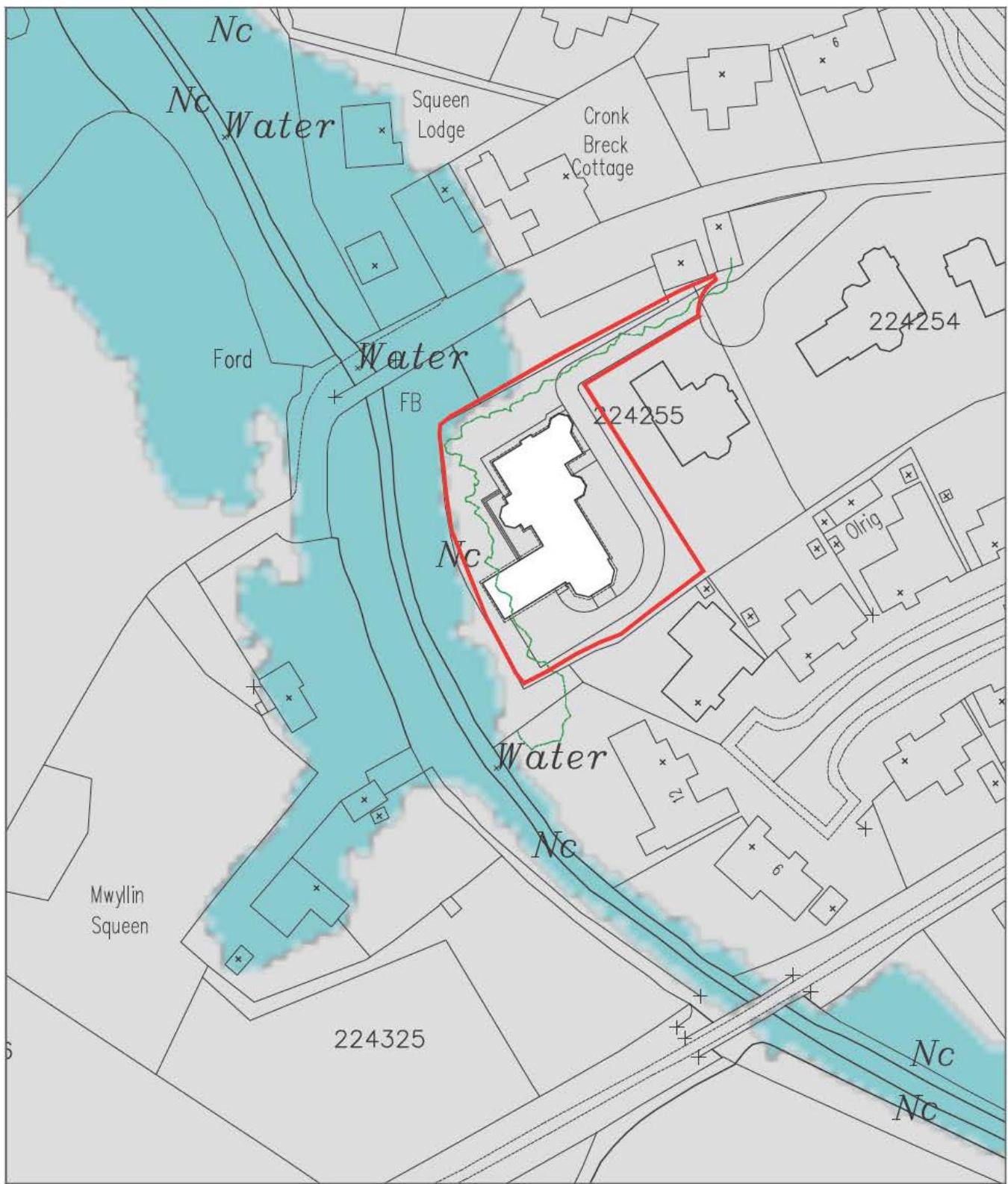 A site plan showing a proposed development plot outlined in red, situated next to a watercourse and existing buildings.