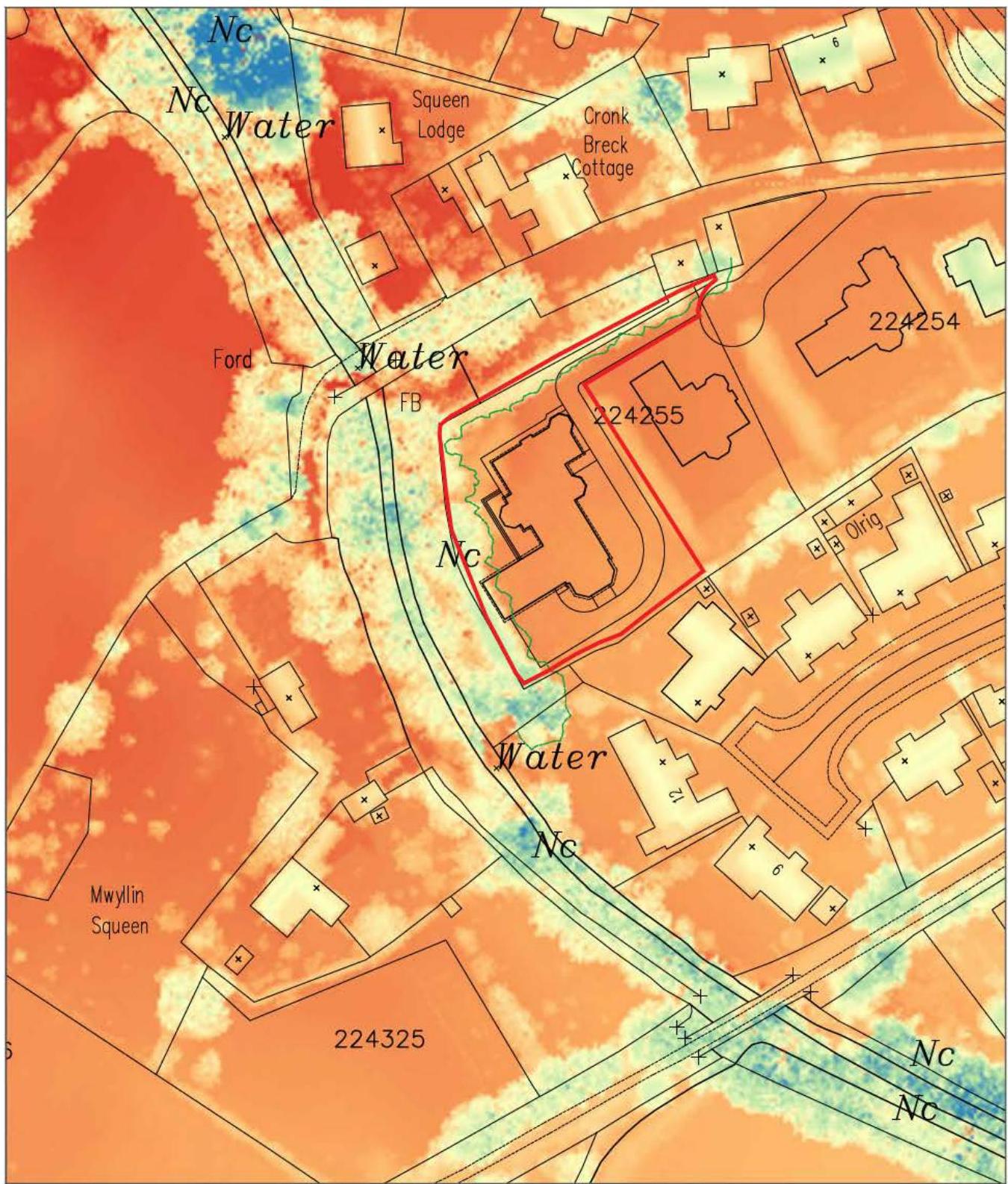 This image displays a topographical site plan with a red polygon outlining the proposed development plot at Plot 4. It shows surrounding buildings, water features, and grid references typical of a planning application...