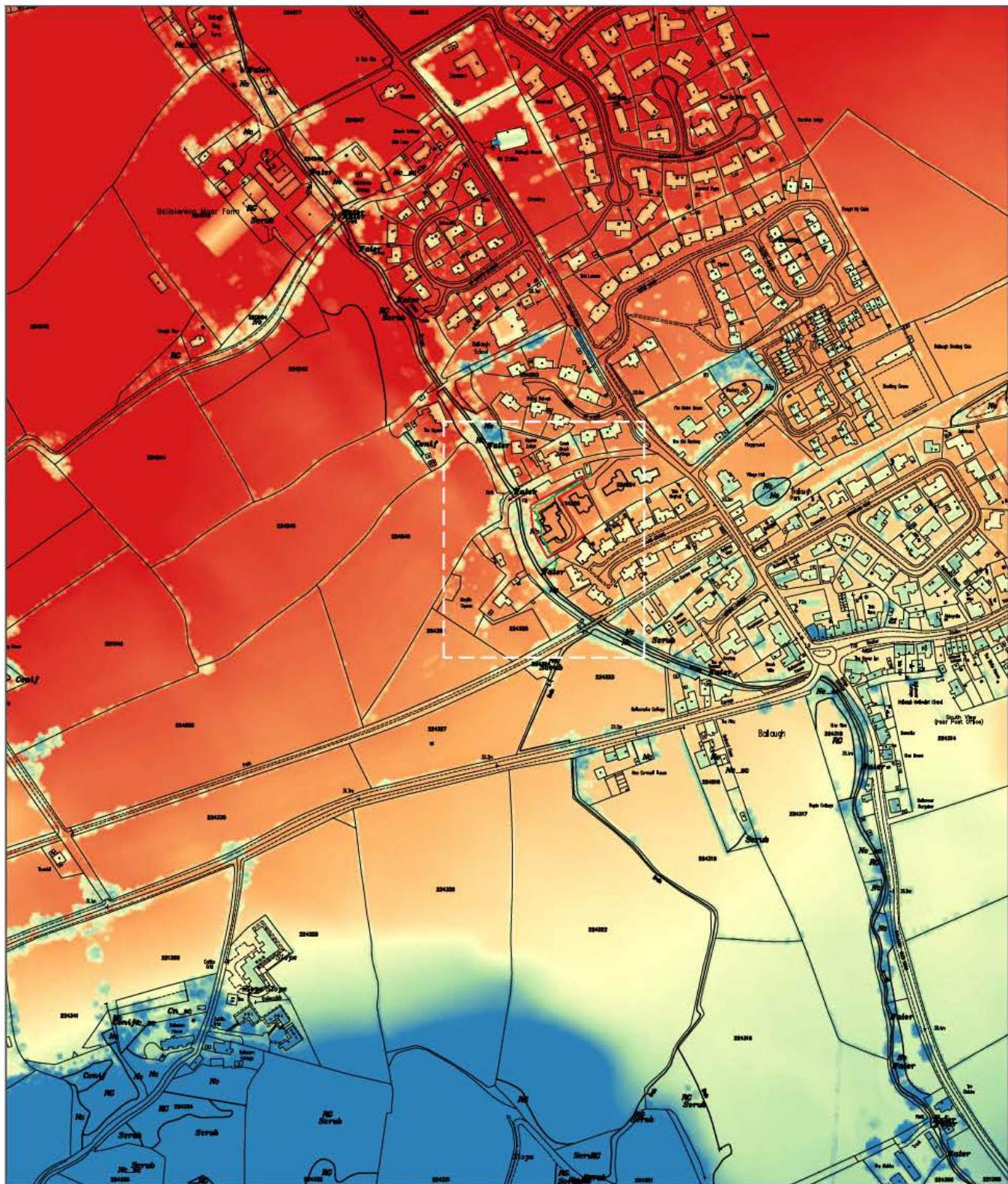This image displays a site location map with a color-coded overlay, likely indicating topography or flood risk, centered on the Ballaugh area. A white dashed box highlights the specific plot for the proposed development.