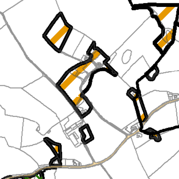 A map showing rural land parcels with thick black outlines and orange highlights, likely indicating a site location or boundary plan.