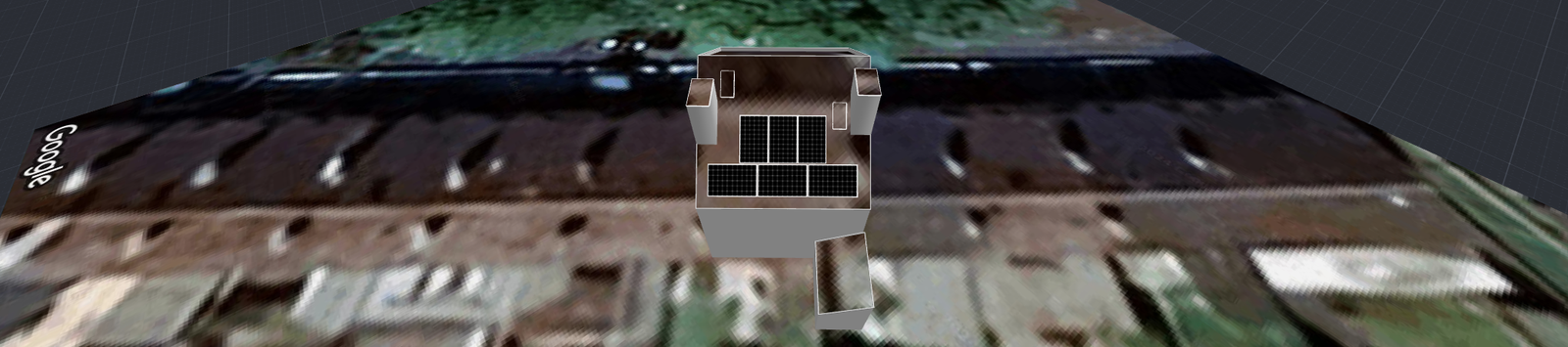 A digital 3D model of solar panels is superimposed on a satellite aerial view of a roof, likely from a mapping service.