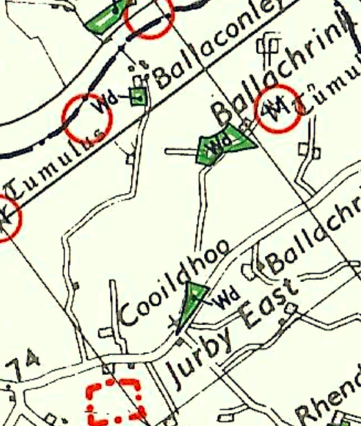 A map extract showing the site location in Jurby with nearby features like tumuli highlighted in red circles and the proposed site boundary marked with a red dashed square.